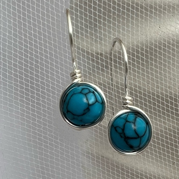 Blue Turquoise Magnesite silver wire wrap minimalist earrings - Picture 1 of 11
